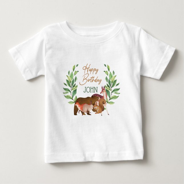 T-shirt Pour Bébé Végétation Forêt Boisée Animaux Joyeux Anniversair (Devant)