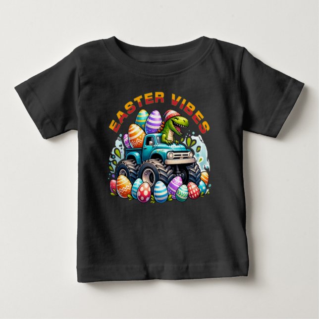 T-shirt Pour Bébé Vibes de Pâques Dino sur un camion Monster avec Oe (Devant)