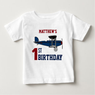 T-shirt Pour Bébé Vintage Blue Retro Avion 1ère fête d'anniversaire