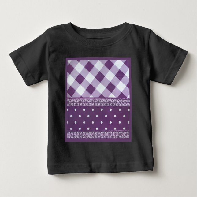 T-shirt Pour Bébé Violet blanc À damiers Polka Dot Floral Damask Art (Devant)