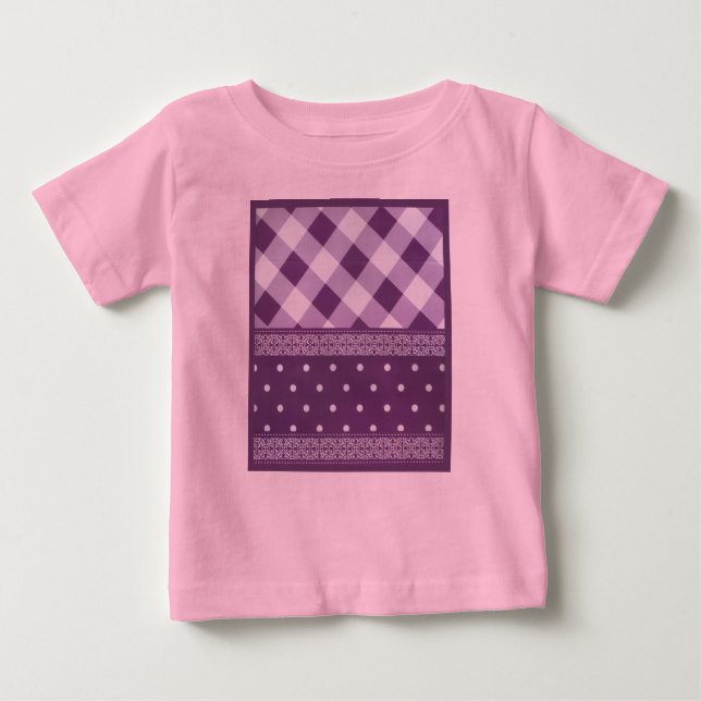 T-shirt Pour Bébé Violet blanc À damiers Polka Dot Floral Damask Art (Devant)