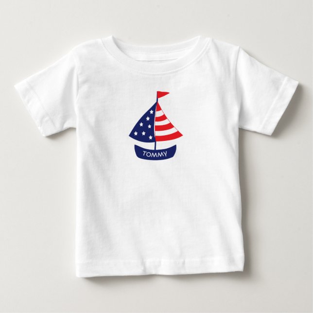 T-shirt Pour Bébé Voilier personnalisé nom rouge bleu nautique (Devant)