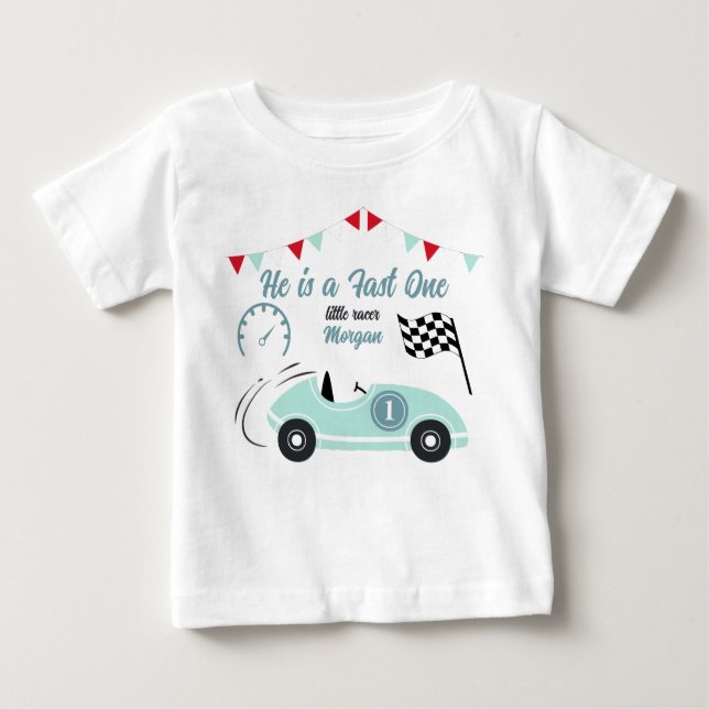 T-shirt Pour Bébé Voiture de course festive bleue pour anniversaire  (Devant)
