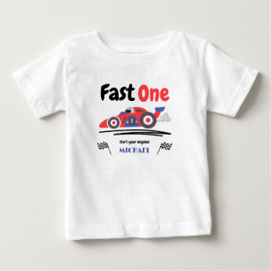 T-shirt Pour Bébé Voiture de course rouge bleue pour le premier anni