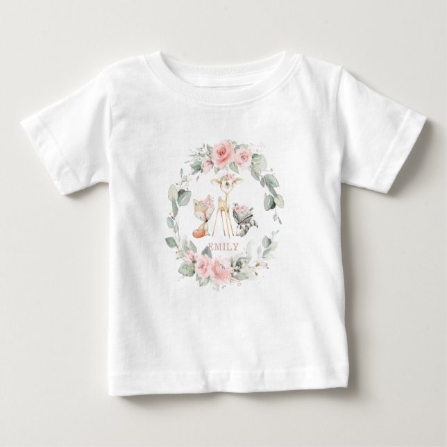 T-shirt Pour Bébé Whimsical Chic Woodland Blush Rose Floral (Devant)
