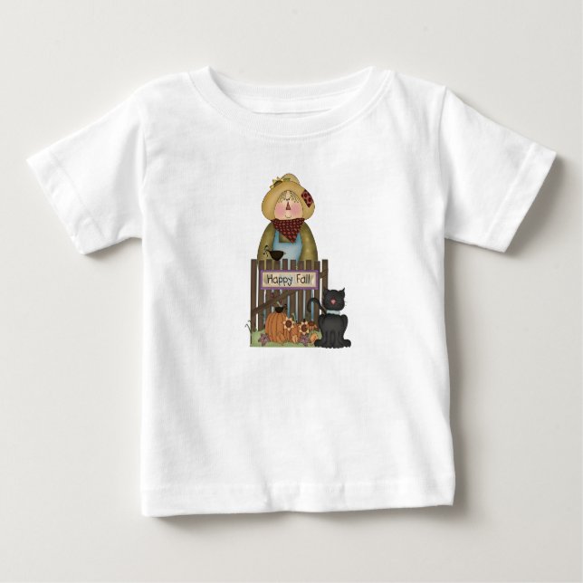 T-shirt Pour Bébé Whimsical Happy Fall Scarecrow Avec Chat Noir (Devant)