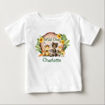 T-shirt Pour Bébé Wild One 1er Anniversaire Forêt Animaux Tournesols<br><div class="desc">Sauvage Un 1er Anniversaire Aquarelle Bois Animaux Bébé T-Shirt. Les bébés animaux comprennent l'ours,  le cerf,  l'orignal,  le raton laveur,  le lapin lapin,  le renard et l'hibou sur du bois rustique avec des tournesols et de la végétation forestière. Ajouter un nom.</div>