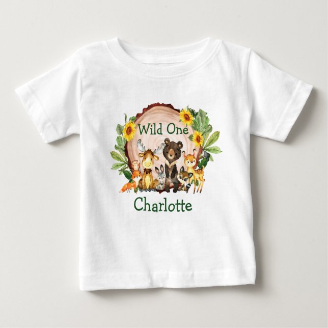 T-shirt Pour Bébé Wild One 1er Anniversaire Forêt Animaux Tournesols (Devant)
