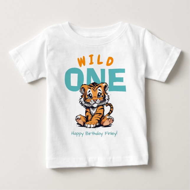 T-shirt Pour Bébé Wild ONE Baby's 1st Birthday Cute Tiger and Name (Devant)