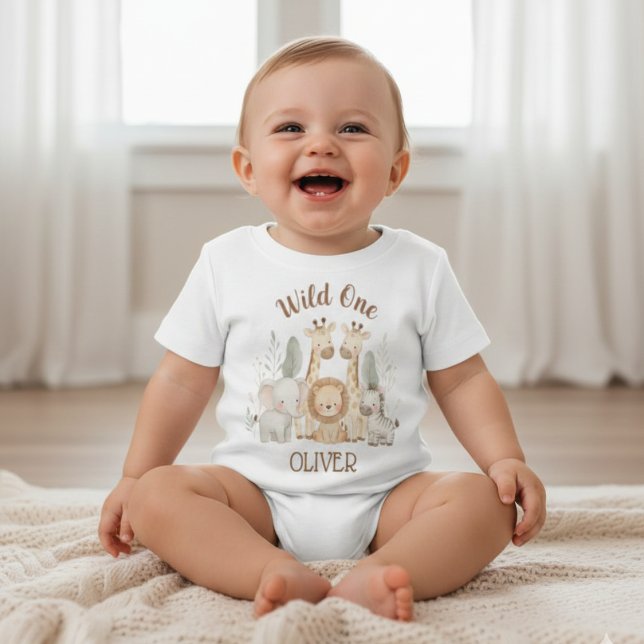 T-shirt Pour Bébé Wild One Boy 1st Birthday Safari Baby (Créateur téléchargé)