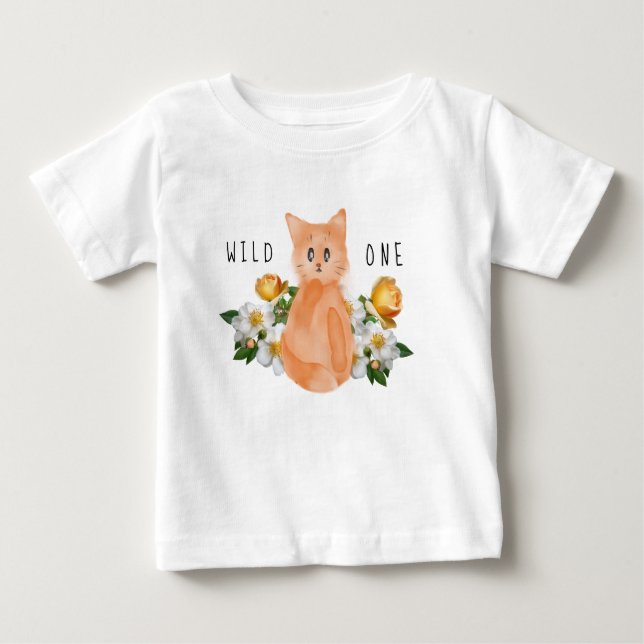 T-shirt Pour Bébé Wild One - Chat bébé et fleurs 1er anniversaire (Devant)