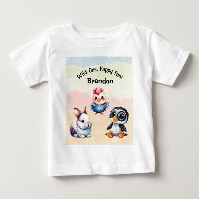 T-shirt Pour Bébé Wild One Happy Fun Woodland Animaux Aquarelle (Devant)