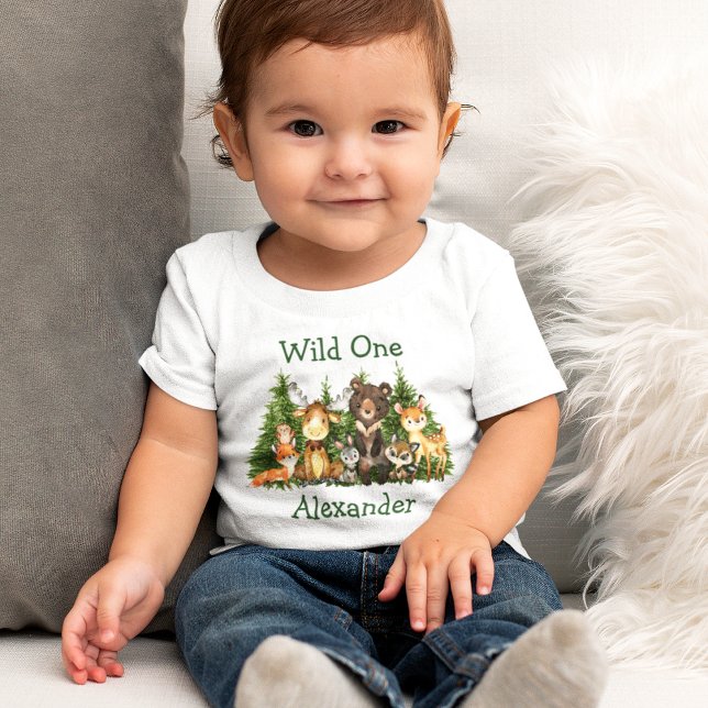T-shirt Pour Bébé Wild Un 1er anniversaire Forêt Animaux Arbres (Customize to change text color. Many sizes to choose from.)