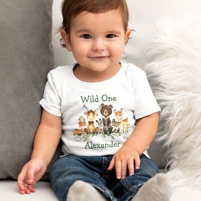 T-shirt Pour Bébé Wild Un 1er anniversaire Forêt forestière Animaux (Créateur téléchargé)