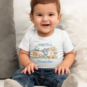 T-shirt Pour Bébé Wild Un 1er anniversaire Safari Animaux Bleu Blanc