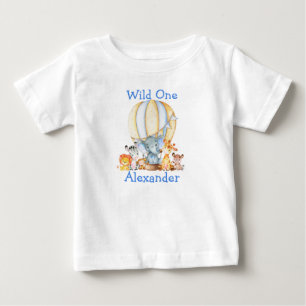 T-shirt Pour Bébé Wild Un 1er Anniversaire Safari Animaux Blue Ballo