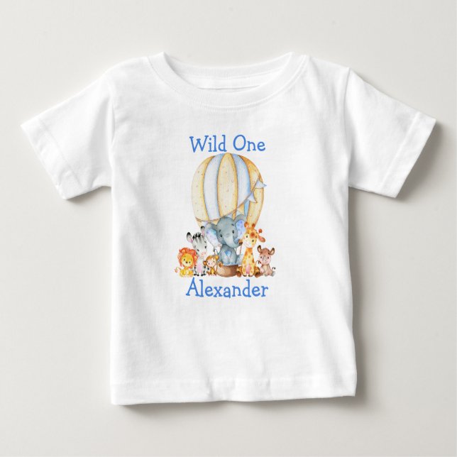 T-shirt Pour Bébé Wild Un 1er Anniversaire Safari Animaux Blue Ballo (Devant)