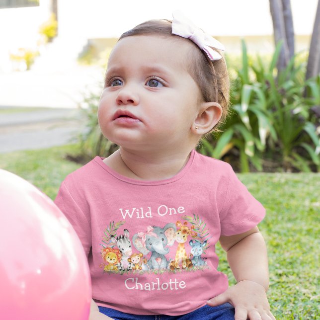 T-shirt Pour Bébé Wild Un 1er anniversaire Safari Animaux Bow Pink (Customize to change text size or text style.)