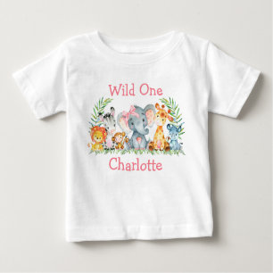 T-shirt Pour Bébé Wild Un 1er anniversaire Safari Animaux Bow rose