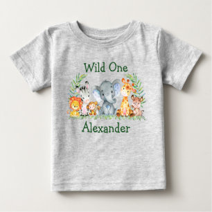 T-shirt Pour Bébé Wild Un 1er anniversaire Safari Animaux Gris