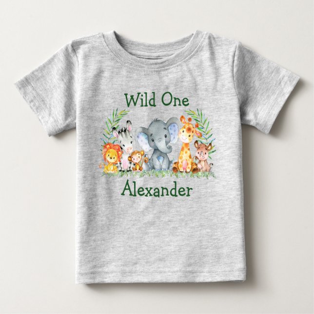 T-shirt Pour Bébé Wild Un 1er anniversaire Safari Animaux Gris (Devant)