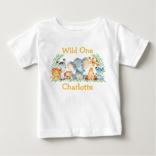 T-shirt Pour Bébé Wild Un 1er anniversaire Safari Animaux Jaune