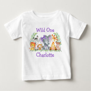 T-shirt Pour Bébé Wild Un 1er Anniversaire Safari Animaux Violet Bow