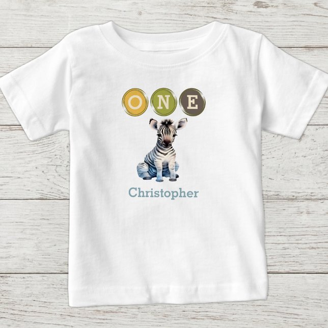 T-shirt Pour Bébé Zebra 1er Anniversaire un avec nom bleu (Créateur téléchargé)