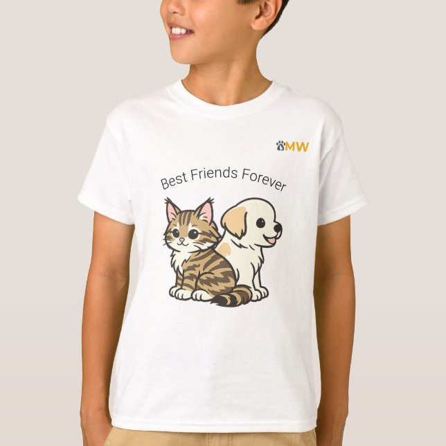 T-shirt pour enfants avec chat et chien de dessin  (Devant)