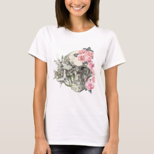 T-Shirt pour femmes à crâne avec roses roses 
