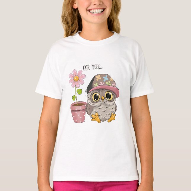 T-shirt pour filles Chouette mignonne aux fleurs - (Devant)