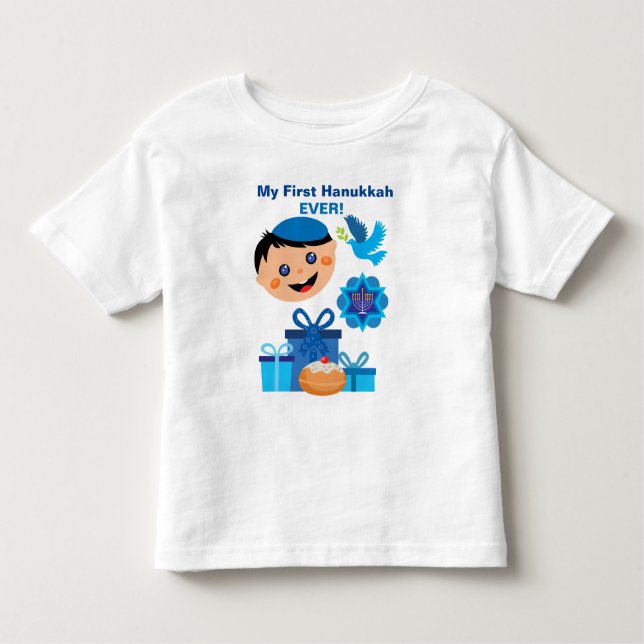 T-shirt Pour Les Tous Petits 👶 1er Hanoukka 🍩 bébé - avec un bébé juif heureu (Devant)