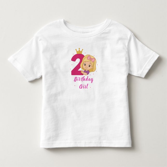 T-shirt Pour Les Tous Petits 2e fille anniversaire avec Couronne et numéro rose (Devant)