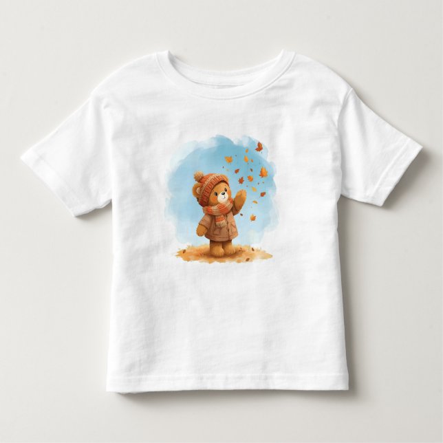 T-shirt Pour Les Tous Petits Adorable Teddy Bear Catching Feuilles d'automne (Devant)