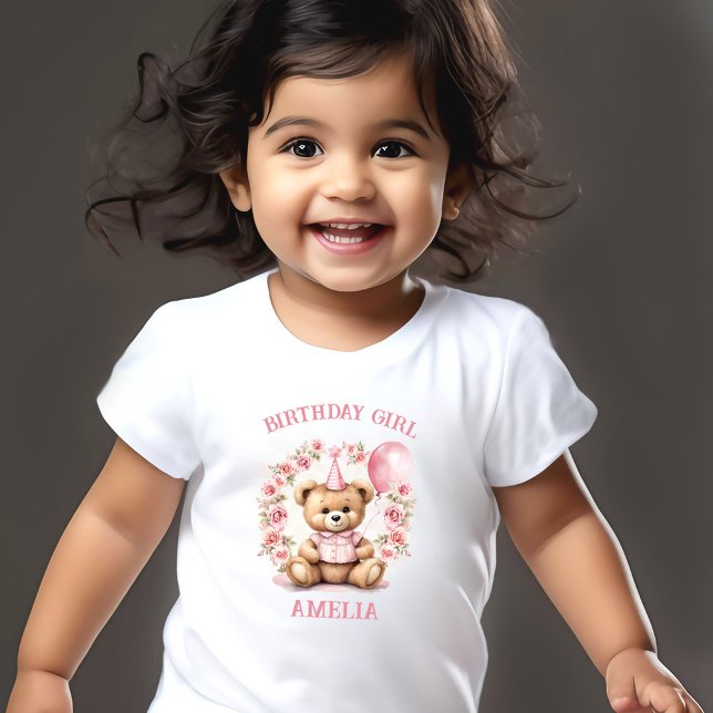 T-shirt Pour Les Tous Petits Anniversaire Fille rose mignonne Ours Nom floral (Birthday Girl Pink Cute Bear Floral Name Toddler T-shirt)