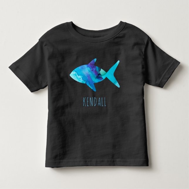 T-shirt Pour Les Tous Petits Aquarelle Bleu Poisson Océan Enfants Personnalisés (Devant)