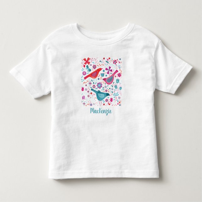 T-shirt Pour Les Tous Petits Aquarelle d'oiseaux et de fleurs personnalisée (Devant)