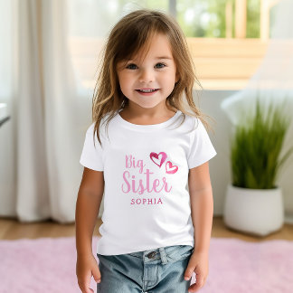 T-shirt Pour Les Tous Petits Aquarelle rose Coeurs Grande Soeur Nom Monogramme