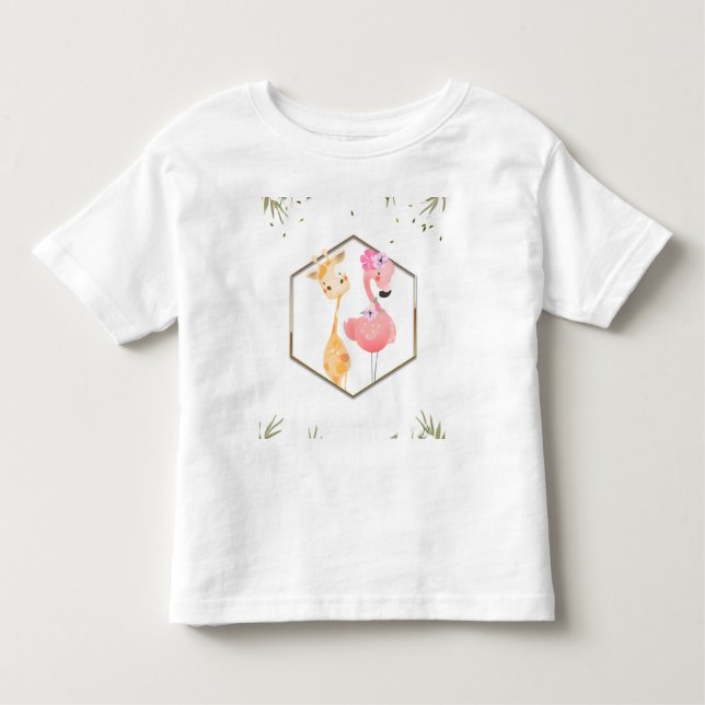 T-shirt Pour Les Tous Petits Baby Shower Aquarelle Tropicale Flamant & Girafe (Devant)