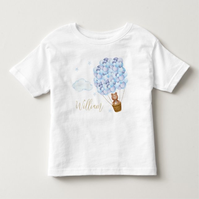 T-shirt Pour Les Tous Petits Ballons Bleus Ours Teddy Script Or (Devant)