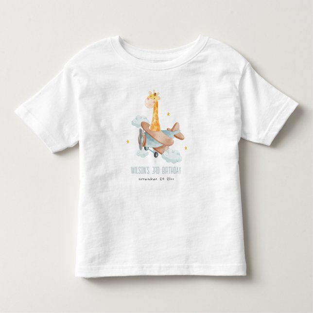 T-shirt Pour Les Tous Petits Bleu mignon Voler sur Giraffe Animal Plane Anniver (Devant)
