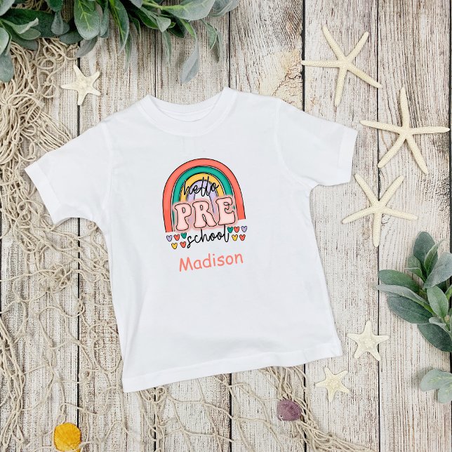 T-shirt Pour Les Tous Petits Bonjour personnalisé Coeurs arc-en-ciel pré-scolai (Hello Pre-school Personalized T-shirt for her)
