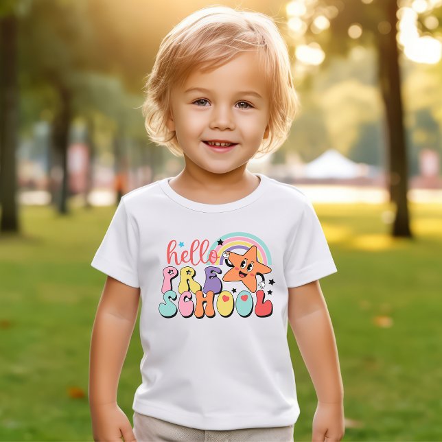 T-shirt Pour Les Tous Petits Bonjour Préscolaire Rétro Premier Jour Arc-en-ciel (Hello Preschool First Day of School)