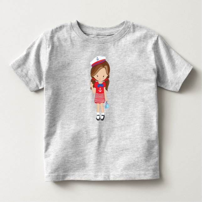 T-shirt Pour Les Tous Petits Capitaine de Bateau, Skipper, Cheveux Bruns, Jolie (Devant)