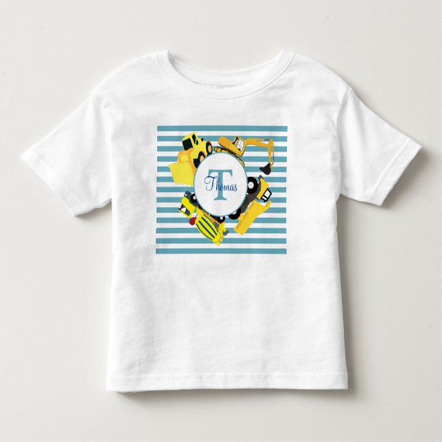 T-shirt Pour Les Tous Petits Chariots de construction Bleu rayures Monogramme (Devant)