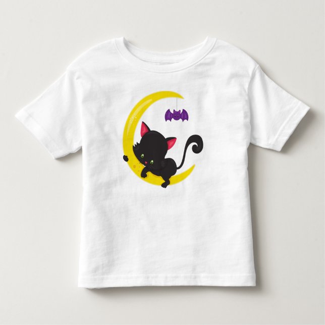T-shirt Pour Les Tous Petits Chat d'Halloween, Chat mignon, Chat noir, Lune, Ch (Devant)