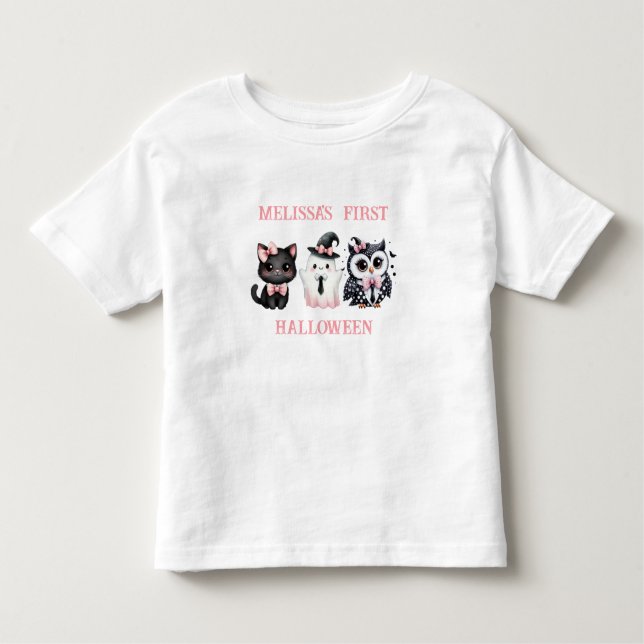 T-shirt Pour Les Tous Petits Chat, fantôme et hibou d'Halloween personnalisé (Devant)