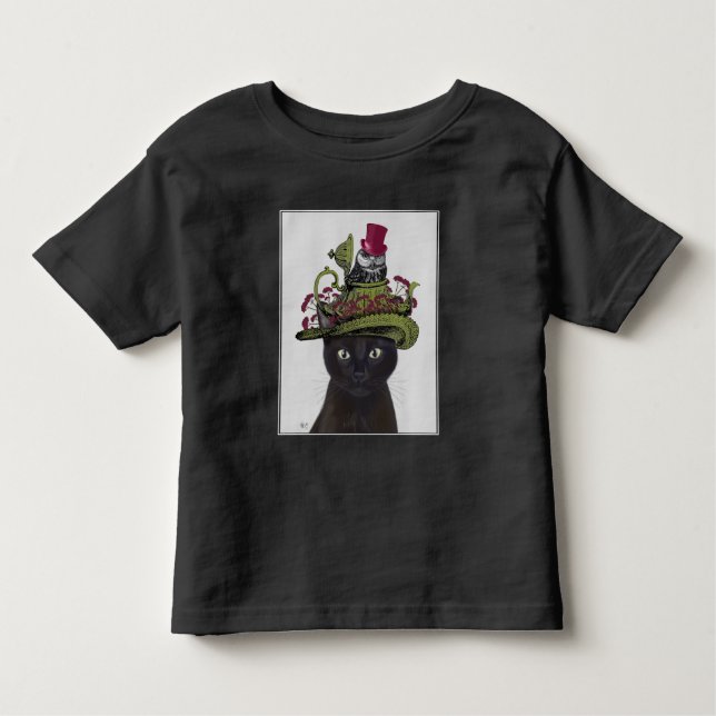 T-shirt Pour Les Tous Petits Chat noir avec théière et hibou (Devant)