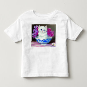 T-shirt Pour Les Tous Petits Chaton Blanc Vintage avec Fleurs Roses 