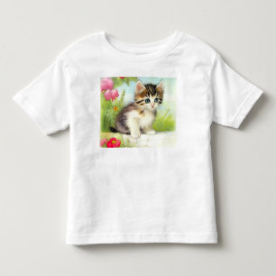 T-shirt Pour Les Tous Petits Chaton vintage blanc et Brown avec fleurs